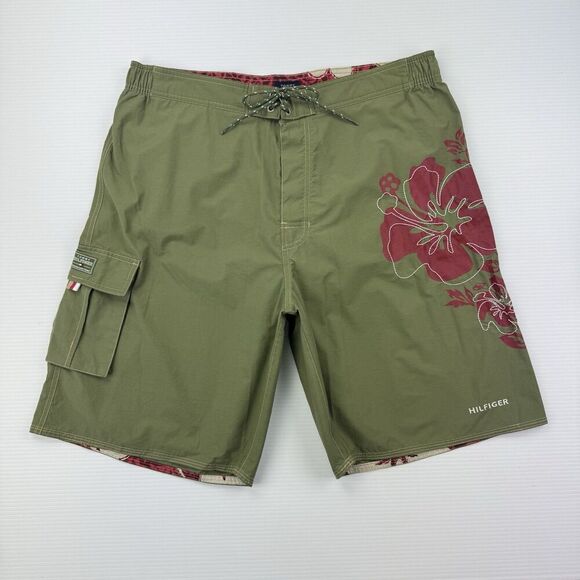 VTG Tommy Hilfiger XL Swim Trunks Green Red Floral Y2K Board Shorts Mesh - Picture 1 of 12